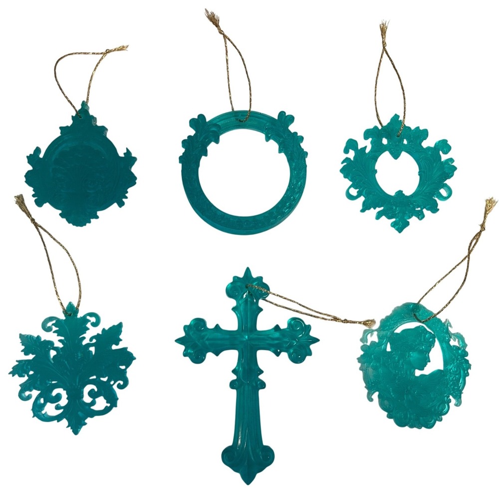 16pc Teal Resin Christmas Ornaments Victorian Baroque Gothic Cross Cameo Aqua